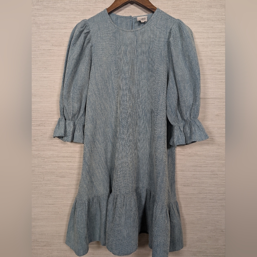 dRA LosAngeles Elbow Sleeve Blue Waffle Texture Short Cotton Dress Ruffle Hem Md